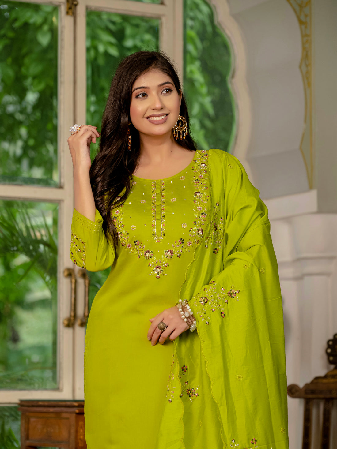 Royal Purple,Perrot,Musted Yellow, Green Embroidered Kurti Pant Dupatta Set | Premium Festive Wear