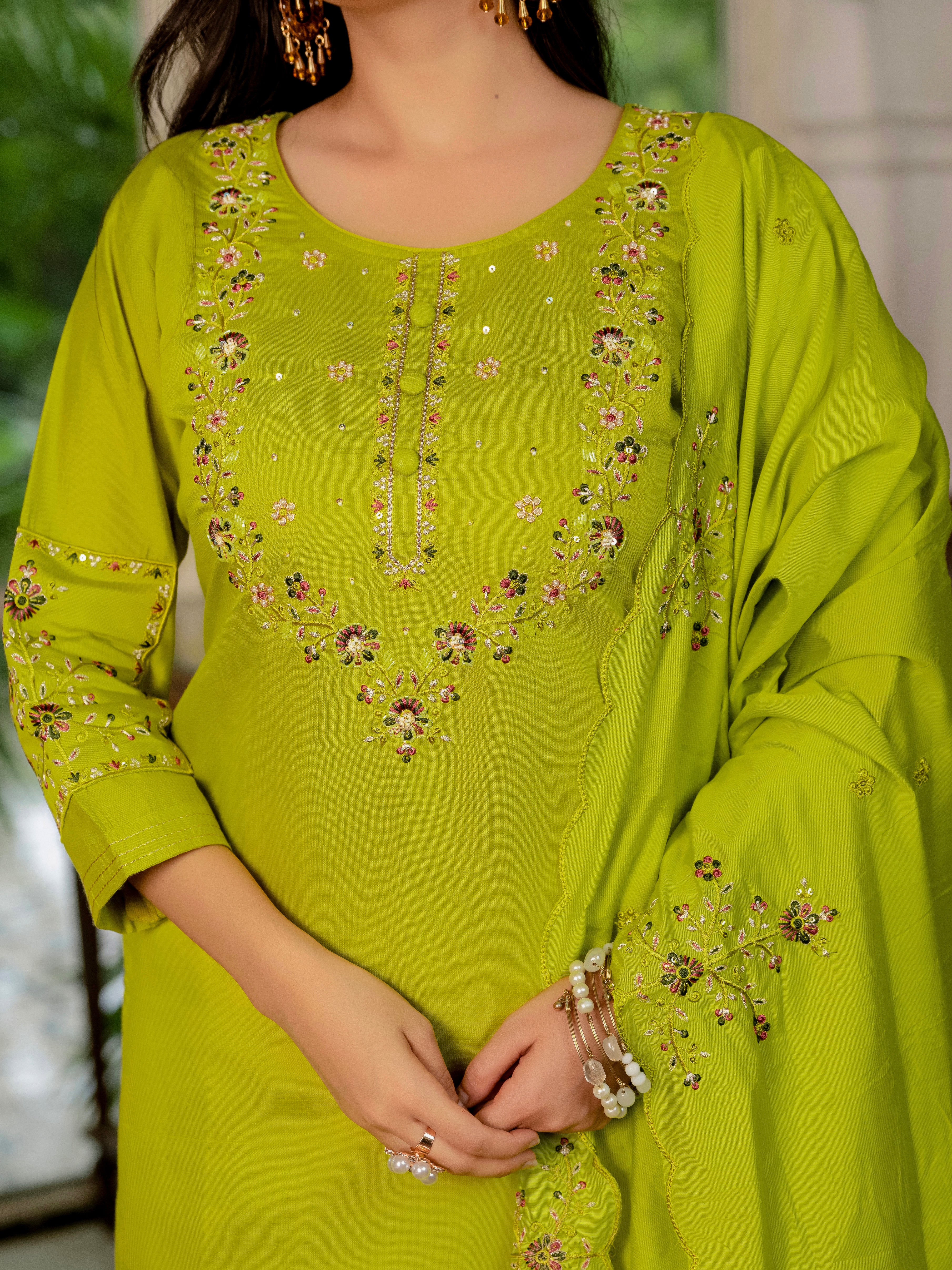 Royal Purple,Perrot,Musted Yellow, Green Embroidered Kurti Pant Dupatta Set | Premium Festive Wear
