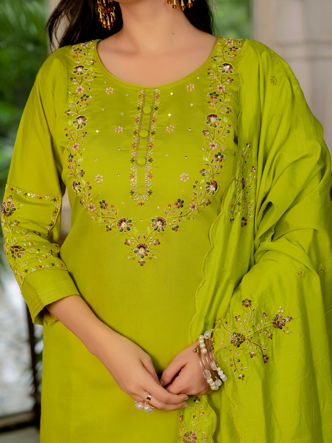 Royal Purple,Perrot,Musted Yellow, Green Embroidered Kurti Pant Dupatta Set | Premium Festive Wear