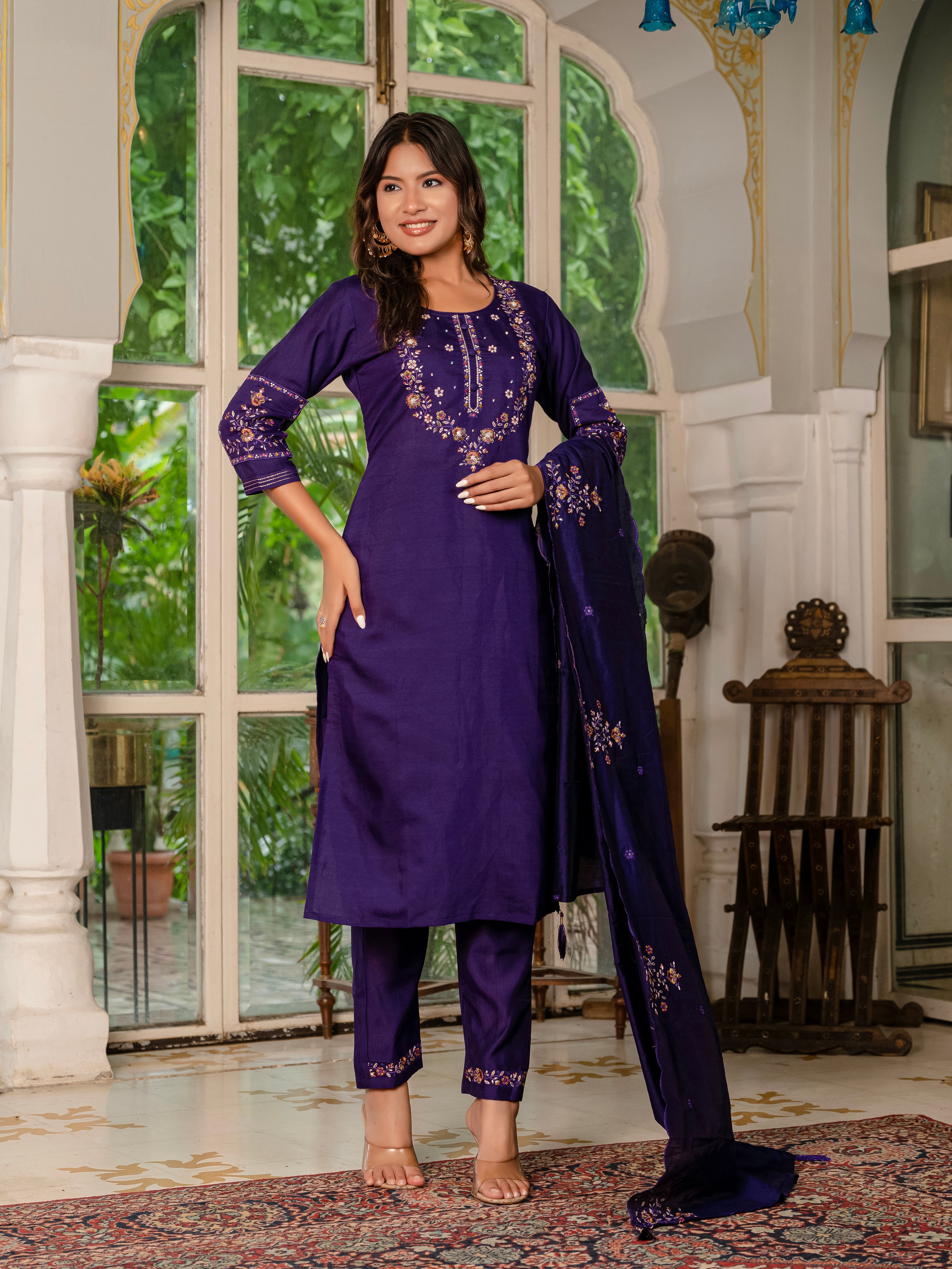 Royal Purple,Perrot,Musted Yellow, Green Embroidered Kurti Pant Dupatta Set | Premium Festive Wear