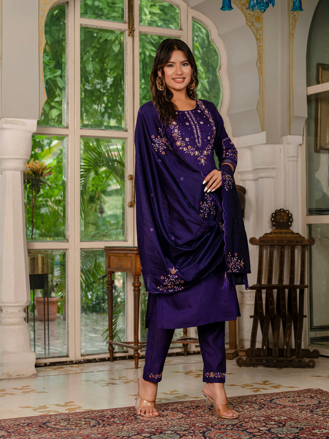 Royal Purple,Perrot,Musted Yellow, Green Embroidered Kurti Pant Dupatta Set | Premium Festive Wear