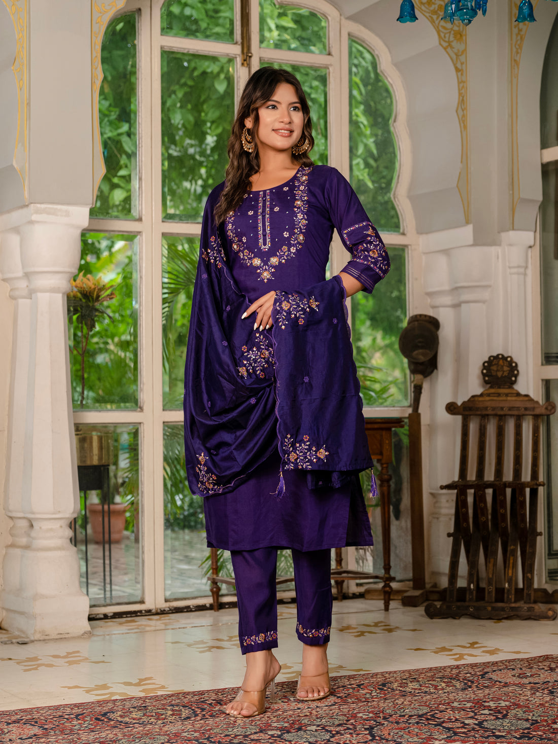 Royal Purple,Perrot,Musted Yellow, Green Embroidered Kurti Pant Dupatta Set | Premium Festive Wear