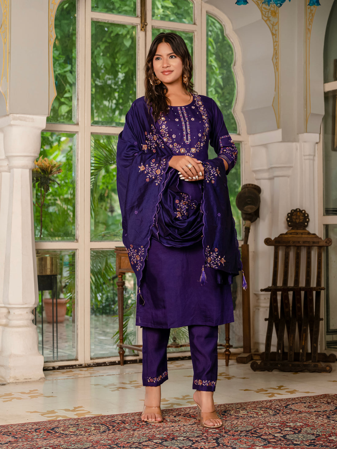 Royal Purple,Perrot,Musted Yellow, Green Embroidered Kurti Pant Dupatta Set | Premium Festive Wear
